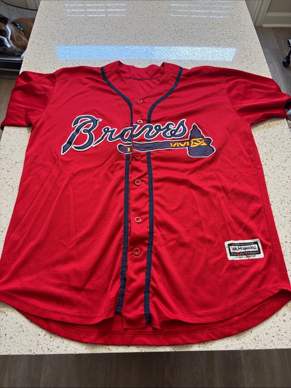 Majestic Red Braves Button-Up Baseball Jersey with Navy Trim